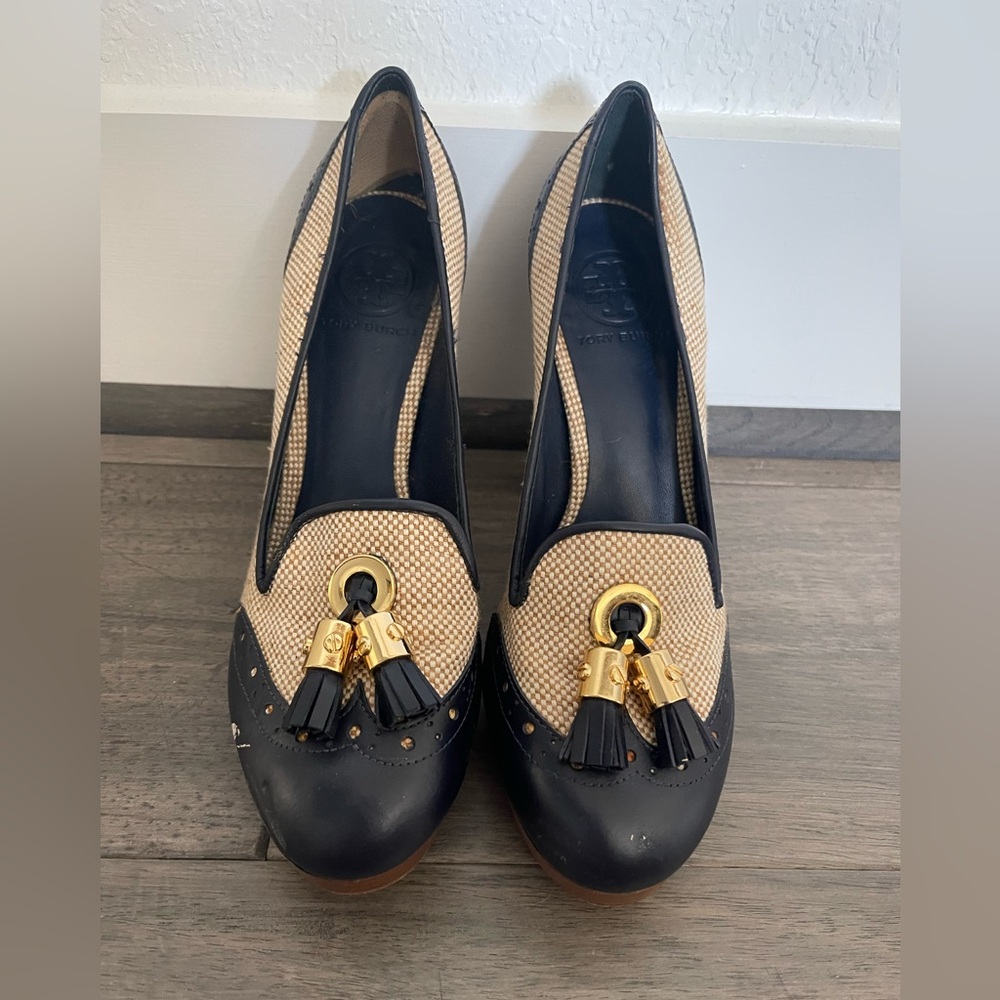 Tory Burch Navy and Beige Women's Loafers